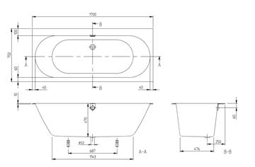 VILLEROY & BOCH OBERON 2.0 vana 170x75 cm, pro 2 osoby, s nožičkami, quaryl UBQ170OBR2DV-01 Technický nákres