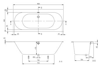 VILLEROY & BOCH OBERON 2.0 vana 180x80 cm, pro 2 osoby, s nožičkami, quaryl UBQ180OBR2DV-01 Technický nákres