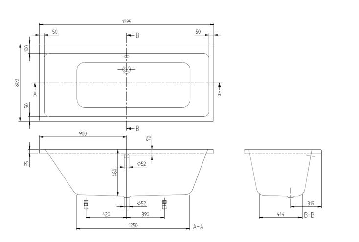 VILLEROY & BOCH SUBWAY vana 180x80 cm, pro 2 osoby, bez nožiček, akrylát UBA180SUB2V-01 Technický nákres