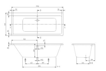 VILLEROY & BOCH SUBWAY vana 180x80 cm, pro 2 osoby, bez nožiček, akrylát UBA180SUB2V-01 Technický nákres