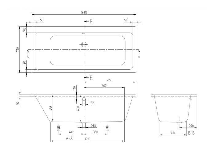 VILLEROY & BOCH SUBWAY vana 170x75 cm, pro 2 osoby, bez nožiček, akrylát UBA170SUB2V-01 Technický nákres