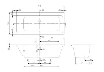 VILLEROY & BOCH SUBWAY vana 170x75 cm, pro 2 osoby, bez nožiček, akrylát UBA170SUB2V-01 Technický nákres