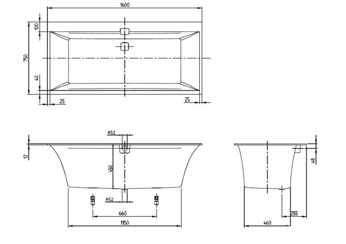 VILLEROY & BOCH SQUARO EDGE 12 vana 160x75 cm, pro 2 osoby, s nožičkami, quaryl UBQ160SQE2DV-01 Technický nákres