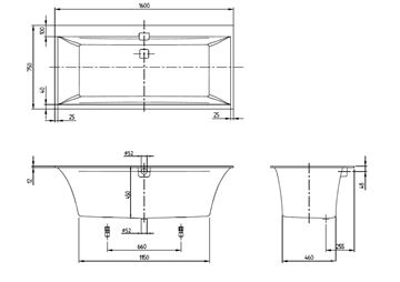 VILLEROY & BOCH SQUARO EDGE 12 vana 160x75 cm, pro 2 osoby, s nožičkami, quaryl UBQ160SQE2DV-01 Technický nákres