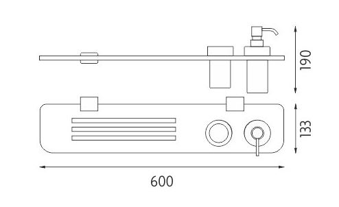 NIMCO KIBO police 600 mm, s dávkovačem tekutého mýdla a pohárkem, plexisklo, chrom KI X360-5831W-26 Technický nákres