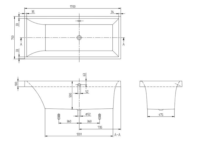 VILLEROY & BOCH SQUARO vana 170x75 cm, pro 2 osoby, s nožičkami, quaryl UBQ170SQR2V-01 Technický nákres