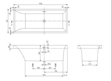 VILLEROY & BOCH SQUARO vana 170x75 cm, pro 2 osoby, s nožičkami, quaryl UBQ170SQR2V-01 Technický nákres