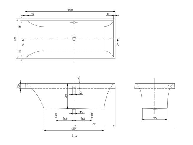 VILLEROY & BOCH SQUARO vana 180x80 cm, pro 2 osoby, s nožičkami, quaryl UBQ180SQR2V-01 Technický nákres
