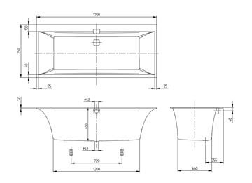 VILLEROY & BOCH SQUARO EDGE 12 vana 170x75 cm, pro 2 osoby, s nožičkami, quaryl UBQ170SQE2DV-01 Technický nákres