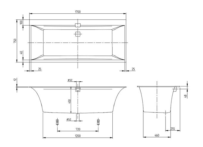 VILLEROY & BOCH SQUARO EDGE 12 vana 170x75 cm, pro 2 osoby, s nožičkami, quaryl UBQ170SQE2DV-01 Technický nákres