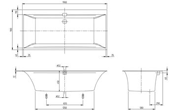VILLEROY & BOCH SQUARO EDGE 12 vana 190x90 cm, pro 2 osoby, s nožičkami, quaryl UBQ190SQE2DV-01 Technický nákres