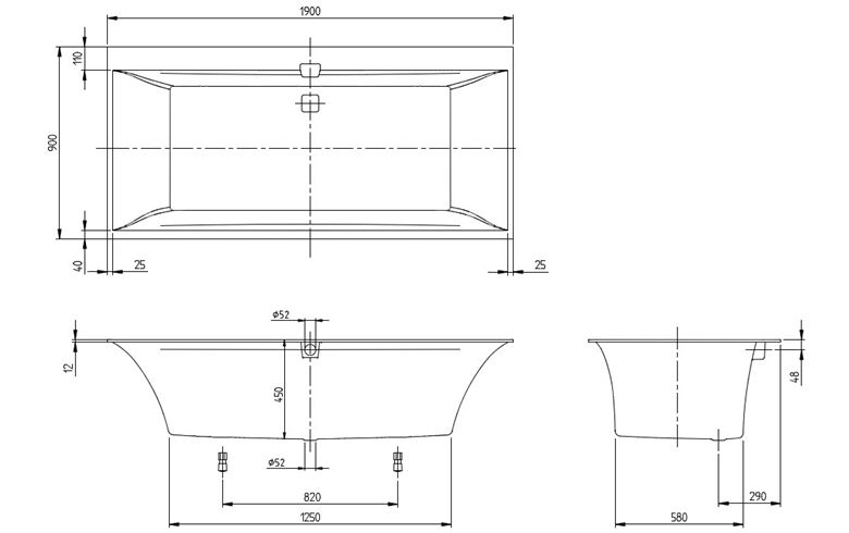 VILLEROY & BOCH SQUARO EDGE 12 vana 190x90 cm, pro 2 osoby, s nožičkami, quaryl UBQ190SQE2DV-01 Technický nákres