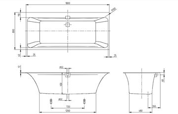 VILLEROY & BOCH SQUARO EDGE 12 vana 180x80 cm, pro 2 osoby, s nožičkami, quaryl UBQ180SQE2DV-01 Technický nákres