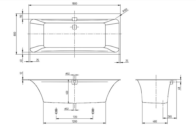 VILLEROY & BOCH SQUARO EDGE 12 vana 180x80 cm, pro 2 osoby, s nožičkami, quaryl UBQ180SQE2DV-01 Technický nákres