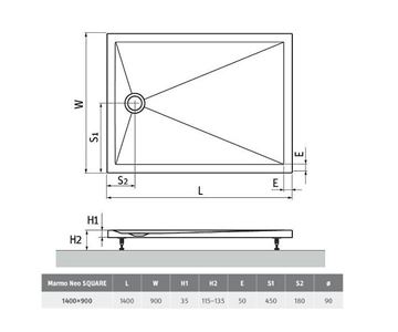 ROTH MARMO NEO SQUARE-R sprchová vanička 140x90 cm, litý mramor, s nožičkami MAN SQ 140090 2E Technický nákres