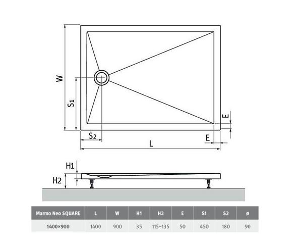 ROTH MARMO NEO SQUARE-R sprchová vanička 140x90 cm, litý mramor, s nožičkami MAN SQ 140090 2E Technický nákres