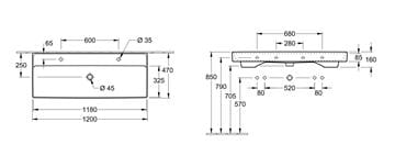 VILLEROY & BOCH COLLARO umyvadlo 120 cm, se 2 otvory pro baterie a přepadem 4A33C401 Technický nákres