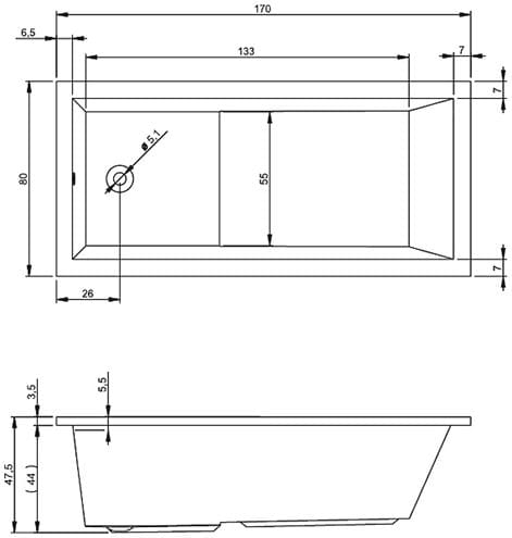 RIHO LUSSO PLUS vana 170x80 cm, bez nožiček, akrylát B006001005 Technický nákres
