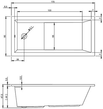 RIHO LUSSO PLUS vana 170x80 cm, bez nožiček, akrylát B006001005 Technický nákres