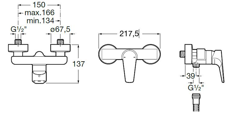 ROCA ATLAS sprchová nástěnná baterie, chrom A5A2190C00 Technický nákres