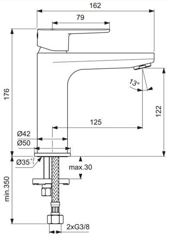 IDEAL STANDARD CERAFINE O umyvadlová stojánková baterie, černá BC554XG Technický nákres