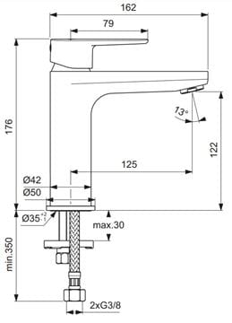 IDEAL STANDARD CERAFINE O umyvadlová stojánková baterie, černá BC554XG Technický nákres