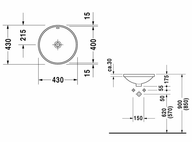 DURAVIT ARCHITEC umyvadlo 40 cm, s přepadem 0468400000 Technický nákres