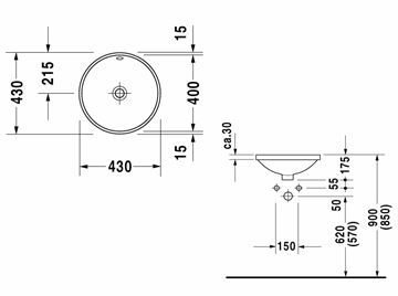 DURAVIT ARCHITEC umyvadlo 40 cm, s přepadem 0468400000 Technický nákres