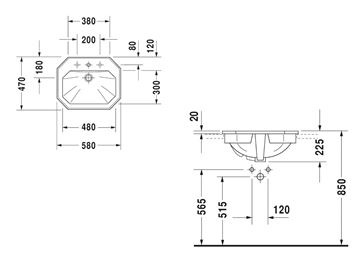 DURAVIT 1930 umyvadlo 58 cm, s otvorem pro baterii a přepadem 0476580000 Technický nákres