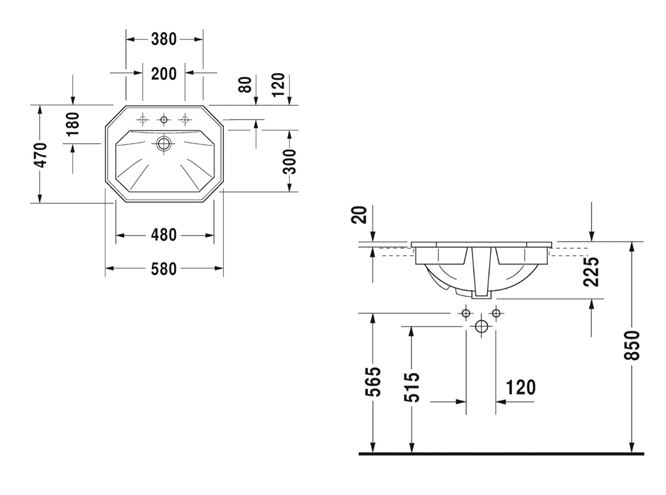 DURAVIT 1930 umyvadlo 58 cm, s otvorem pro baterii a přepadem 0476580000 Technický nákres
