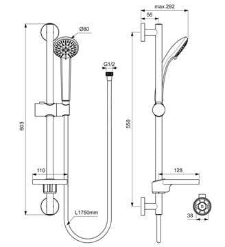 IDEAL STANDARD IDEALRAIN SOFT S3 sprchová souprava 4-dílná, ruční sprcha pr. 80 mm, 3 proudy, tyč, hadice, mýdlenka, chrom B9503AA Technický nákres