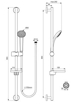 IDEAL STANDARD IDEALRAIN SOFT S1 sprchová souprava 4-dílná, ruční sprcha pr. 80 mm, tyč, hadice, mýdlenka, chrom B9502AA Technický nákres