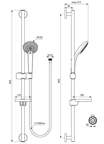 IDEAL STANDARD IDEALRAIN M3 sprchová souprava 4-dílná, ruční sprcha pr. 100 mm, 3 proudy, tyč, hadice, mýdlenka, chrom B9417AA Technický nákres