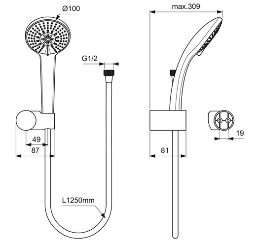 IDEAL STANDARD IDEALRAIN SOFT M3 sprchová souprava 3-dílná, ruční sprcha pr. 100 mm, 3 proudy, hadice, držák, chrom B9452AA Technický nákres