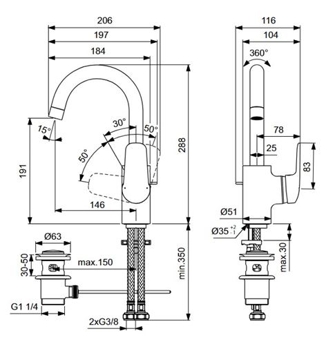 IDEAL STANDARD CERAFLEX umyvadlová stojánková baterie, s odtokovou soupravou, chrom B1716AA Technický nákres