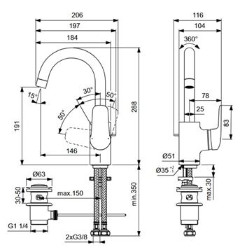 IDEAL STANDARD CERAFLEX umyvadlová stojánková baterie, s odtokovou soupravou, chrom B1716AA Technický nákres