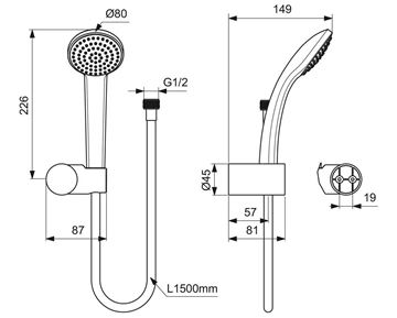 IDEAL STANDARD IDEALRAIN SOFT S1 sprchová souprava 3-dílná, ruční sprcha pr. 80 mm, hadice, držák, chrom B9506AA Technický nákres