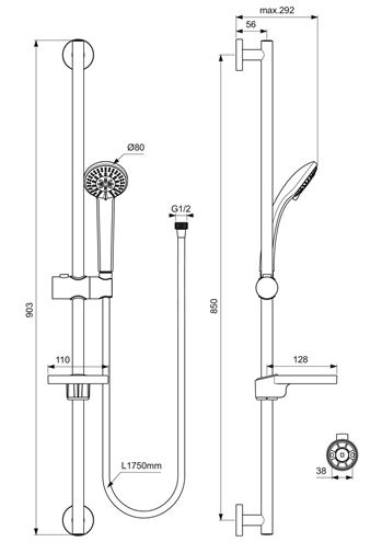 IDEAL STANDARD IDEALRAIN SOFT S3 sprchová souprava 4-dílná, ruční sprcha pr. 80 mm, 3 proudy, tyč, hadice, mýdlenka, chrom B9504AA Technický nákres