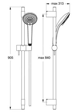 IDEAL STANDARD IDEALRAIN PRO M3 sprchová souprava 3-dílná, ruční sprcha pr. 100 mm, 3 proudy, tyč, hadice, chrom B9836AA Technický nákres