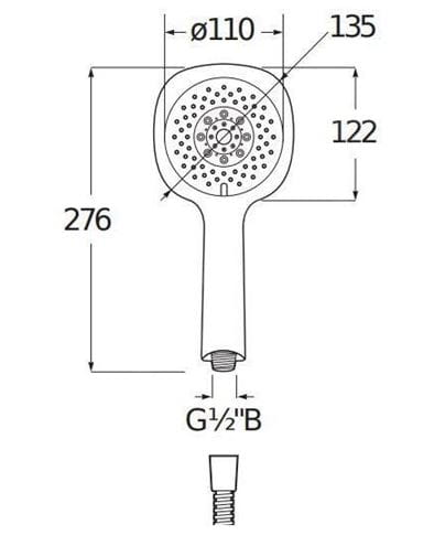 JIKA CUBITO-N sprchová souprava 4-dílná, ruční sprcha 130x130 mm, 4 proudy, tyč, hadice, mýdlenka, chrom H3651X00044731 Technický nákres