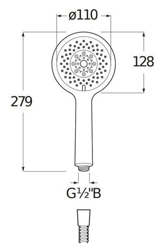 JIKA CUBITO-N sprchová souprava 4-dílná, ruční sprcha pr. 130 mm, 4 proudy, tyč, hadice, mýdlenka, chrom H3651X00044721 Technický nákres