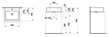 LAUFEN LIVING CITY umyvadlo na desku 50 cm, s otvorem pro baterii a přepadem, broušené H8174320001041 Technický nákres