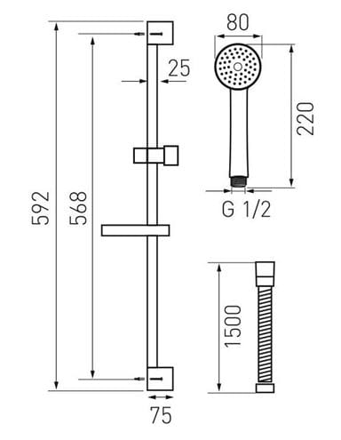 NOVASERVIS sprchová souprava 4-dílná, ruční sprcha pr. 80 mm, 3 proudy, tyč, hadice, mýdlenka, chrom KIT869,0 Technický nákres