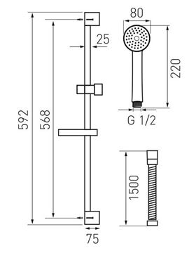 NOVASERVIS sprchová souprava 4-dílná, ruční sprcha pr. 80 mm, 3 proudy, tyč, hadice, mýdlenka, chrom KIT869,0 Technický nákres