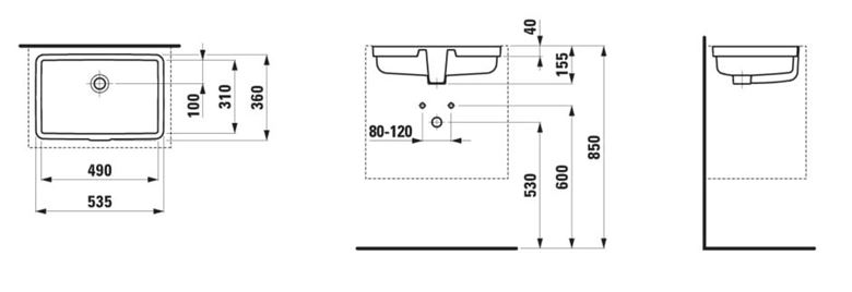 LAUFEN LIVING CITY umyvadlo 49 cm, s přepadem H8124300001091 Technický nákres