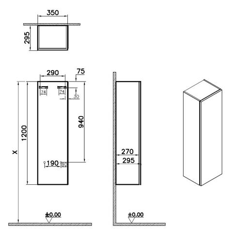 VITRA METROPOLE PURE nízká skříňka 35x29,5x120 cm, 1 dvířka, panty vpravo, Push-open, matná světle šedá 67276 Technický nákres