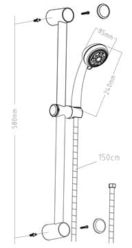 EASY sprchová souprava 3-dílná, ruční sprcha pr. 85 mm, 5 proudů, tyč, hadice, chrom JA202 Technický nákres