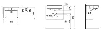 LAUFEN PRO umyvadlo 56 cm, s otvorem pro baterii a přepadem H8129610001041 Technický nákres