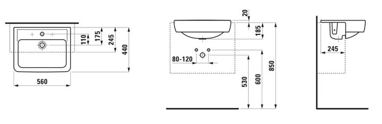 LAUFEN PRO umyvadlo 56 cm, s otvorem pro baterii a přepadem H8129610001041 Technický nákres