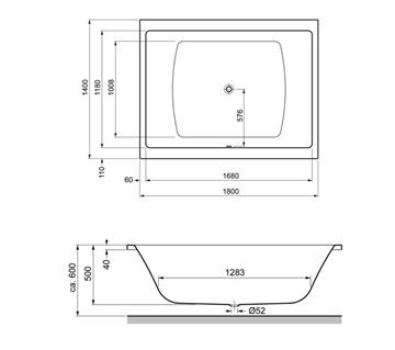 GKI MEMO vana 180x140 cm, pro 2 osoby, bez nožiček, akrylát MEBW180140W Technický nákres